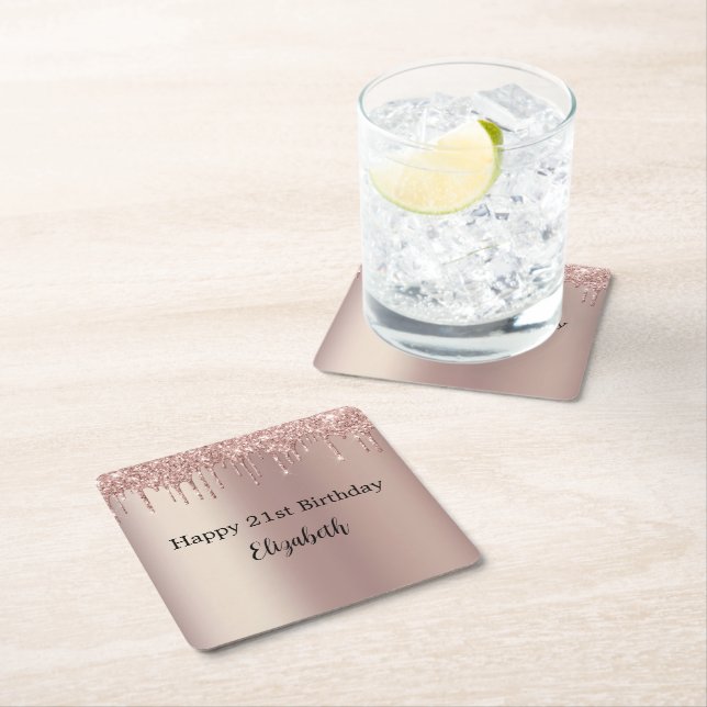 Posavasos Cuadrado De Papel Rosa Purpurina de goteo rosado de oro 21º cumpleañ (In situ)