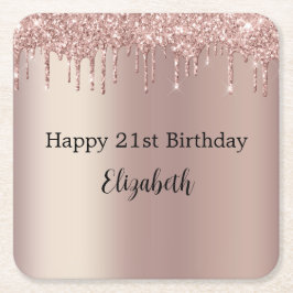 Posavasos Cuadrado De Papel Rosa Purpurina de goteo rosado de oro 21º cumpleañ