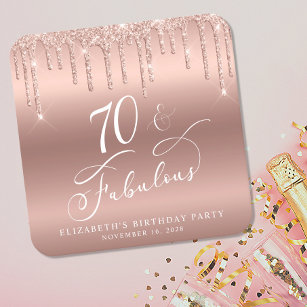 Posavasos Cuadrado De Papel Rosa Purpurina de Oro 70 cumpleaños