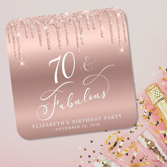 Posavasos Cuadrado De Papel Rosa Purpurina de Oro 70 cumpleaños (Subido por el creador)