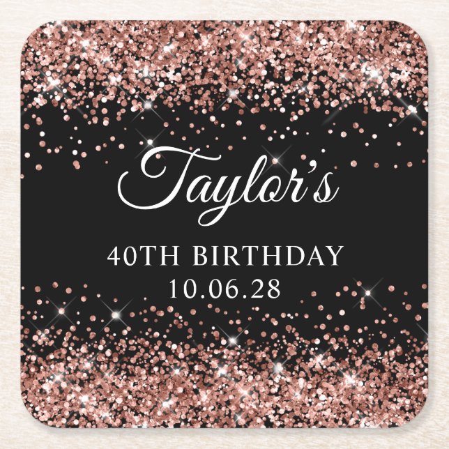 Posavasos Cuadrado De Papel Rosa Purpurina de Oro Negro 40 cumpleaños (Anverso)
