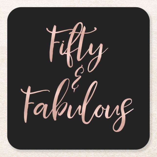 Posavasos Cuadrado De Papel Rosa Relieve metalizado dorado Cincuenta y Fabulos (Anverso)