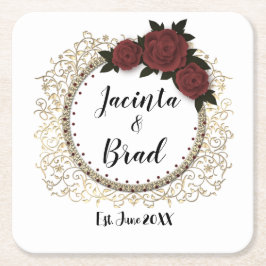 Posavasos Cuadrado De Papel Rosa romántico Boda Wreath personalizado