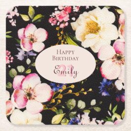 Posavasos Cuadrado De Papel Rosa rosa y amarillo color de agua en negro, cumpl