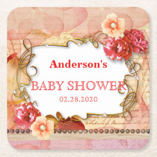 Posavasos Cuadrado De Papel Rosa Stripes Gold Floral Rosa Baby Shower