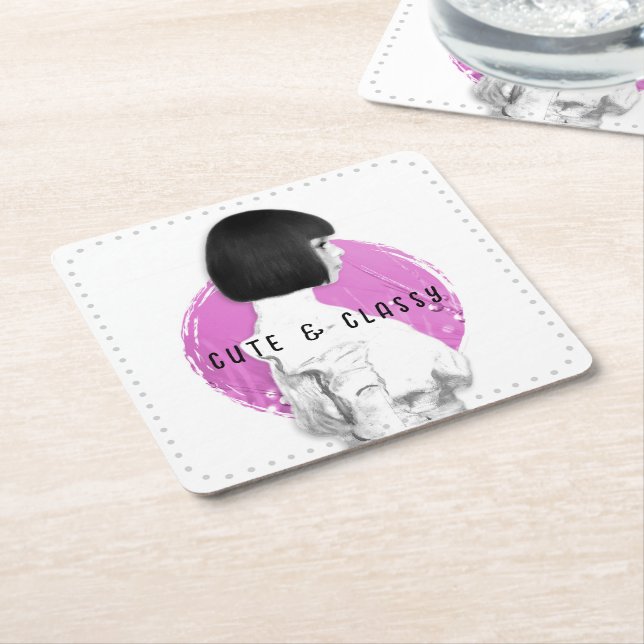 Posavasos Cuadrado De Papel Rosa y negro Chica de clase y clase (En perspectiva)