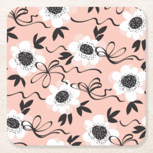 Posavasos Cuadrado De Papel Rosas abstractos, colores pálidos, patrón vintage.