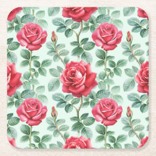 Posavasos Cuadrado De Papel Rosas acuáticos: Ilustracion floral sin foco.