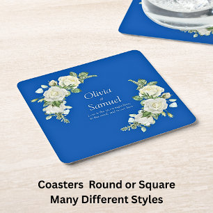 Posavasos Cuadrado De Papel Rosas Azules Cobalto y Blancas  