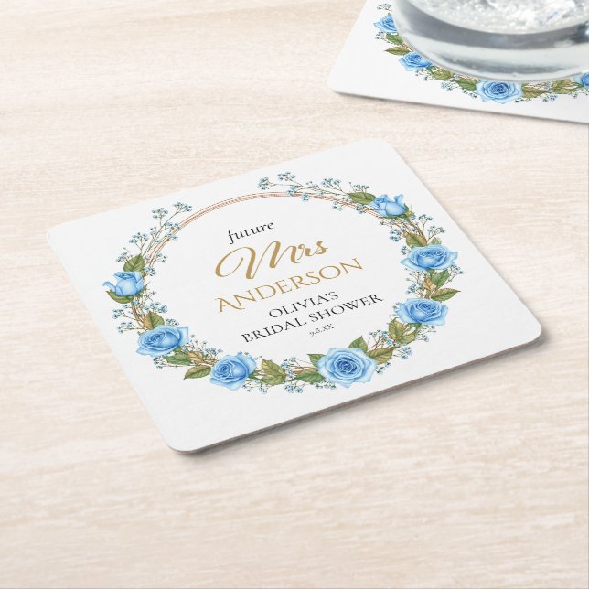 Posavasos Cuadrado De Papel Rosas Azules Elegantes y Flor de bebé (En perspectiva)