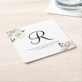 Posavasos Cuadrado De Papel Rosas blancas con monograma Floral elegante boda
