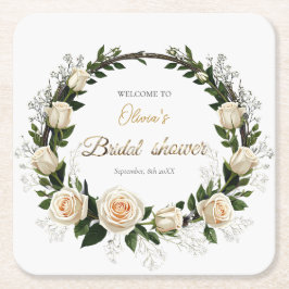 Posavasos Cuadrado De Papel Rosas Blancas y Favor de Ajenjo