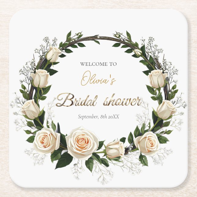 Posavasos Cuadrado De Papel Rosas Blancas y Favor de Ajenjo (Anverso)