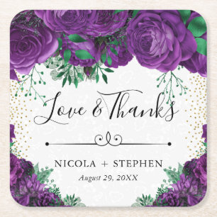 Posavasos Cuadrado De Papel Rosas Bodas Glam Morado Acuarela
