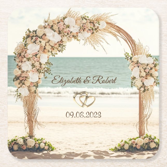 Posavasos Cuadrado De Papel Rosas de Beach Wedding Arbor (Anverso)