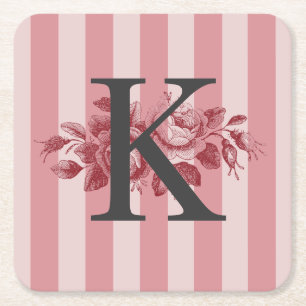 Posavasos Cuadrado De Papel Rosas de Col repollo con franjas rosadas y monogra