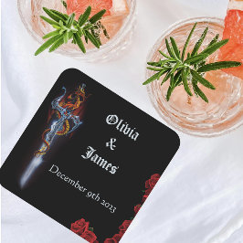 Posavasos Cuadrado De Papel Rosas de la espada del dragón rojo