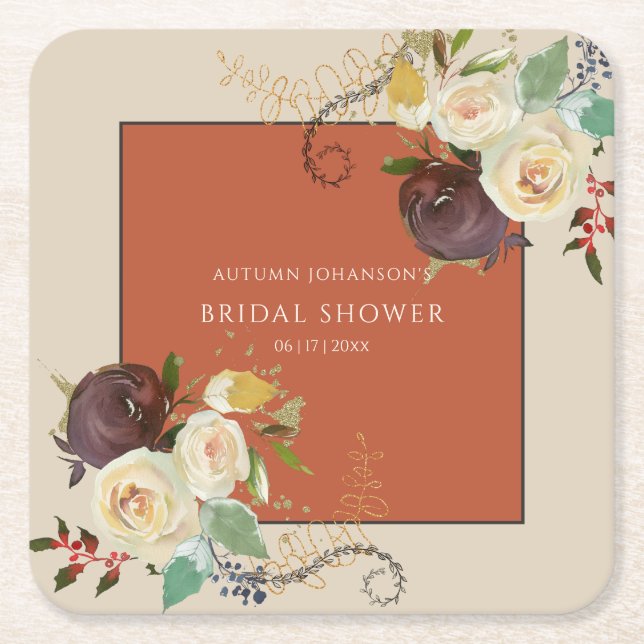 Posavasos Cuadrado De Papel Rosas de otoño - Bridal Shower (Anverso)