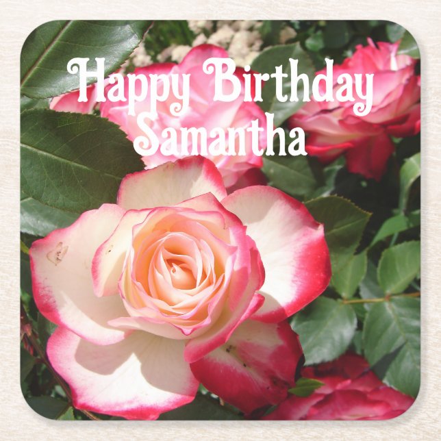 Posavasos Cuadrado De Papel Rosas de Rosas Rojas florales Foto Fiesta de Cumpl (Anverso)