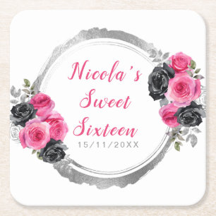 Posavasos Cuadrado De Papel Rosas Elegantes de Color Rosa Caliente y Plata Cum