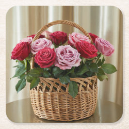 Posavasos Cuadrado De Papel Rosas En El Conjunto De Semillas De La Cesta