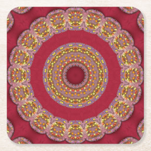 Posavasos Cuadrado De Papel Rosas Mandala Rojo Dorado Amarillo