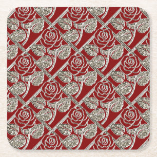 Posavasos Cuadrado De Papel Rosas metalizado-Juego de 3-Red Silver-Coaster