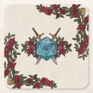 Posavasos Cuadrado De Papel Rosas Monograma D20 Bodas RPG 