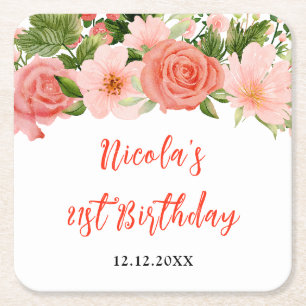 Posavasos Cuadrado De Papel Rosas Rojas Coral con Cumpleaños de Follaje