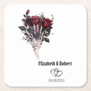 Posavasos Cuadrado De Papel Rosas Rojas Góticas Bodas de Esqueleto