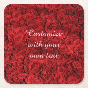 Posavasos Cuadrado De Papel Rosas Rojas Texto Personalizado