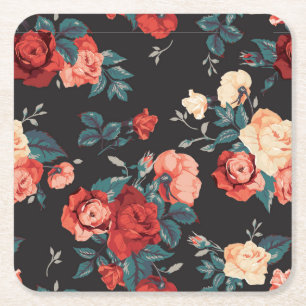 Posavasos Cuadrado De Papel Rosas rojas y durazno dibujadas a mano hermosas