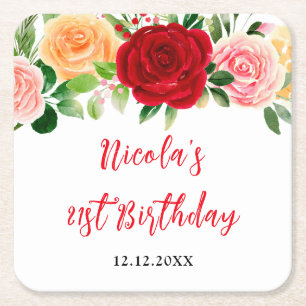 Posavasos Cuadrado De Papel Rosas Románticas Cumpleaños Floral