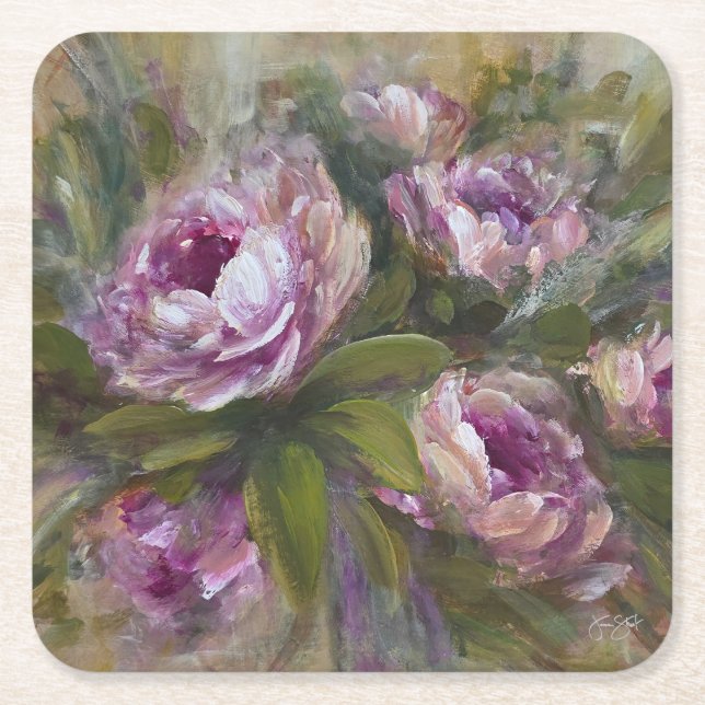 Posavasos Cuadrado De Papel Rosas rosadas (Anverso)