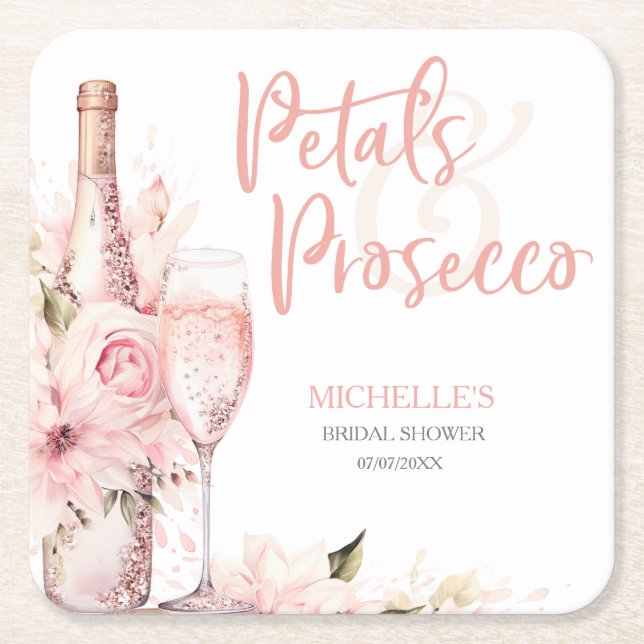 Posavasos Cuadrado De Papel Rosas rosadas boho y flores de Prosecco (Anverso)
