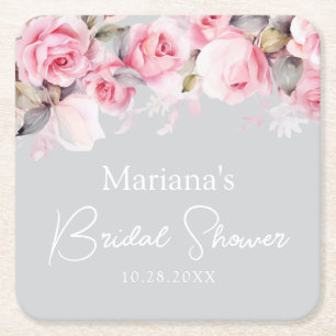 Posavasos Cuadrado De Papel Rosas rosadas floral gris
