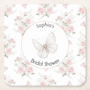 Posavasos Cuadrado De Papel Rosas Rosadas Lazos Regadera Nupcial