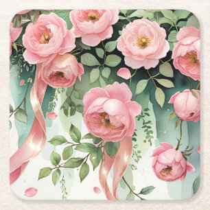 Posavasos Cuadrado De Papel Rosas rosadas y cintas