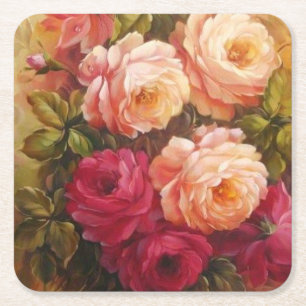 Posavasos Cuadrado De Papel Rosas Rosadas y Rojas Arte Refinado