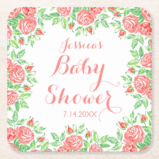 Posavasos Cuadrado De Papel Rosas rosados Baby Shower femenino (Anverso)
