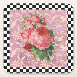 Posavasos Cuadrado De Papel Rosas rosas rosadas Harlequin Vintage