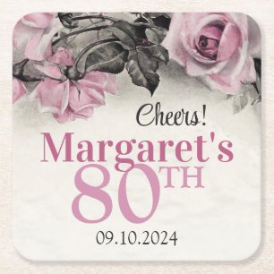 Posavasos Cuadrado De Papel Rosas rosas rosadas vintage 80º cumpleaños