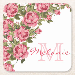 Posavasos Cuadrado De Papel Rosas rosas rosas rosadas de color rosa vintage No