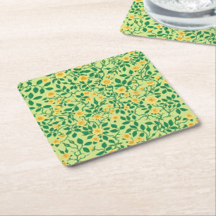 Posavasos Cuadrado De Papel Rosas silvestres en amarillo y verde