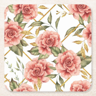 Posavasos Cuadrado De Papel Rosas y hojas