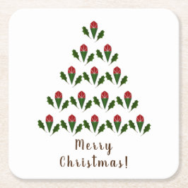 Posavasos Cuadrado De Papel Roses rojas vibrantes, árbol navideño holly y dese