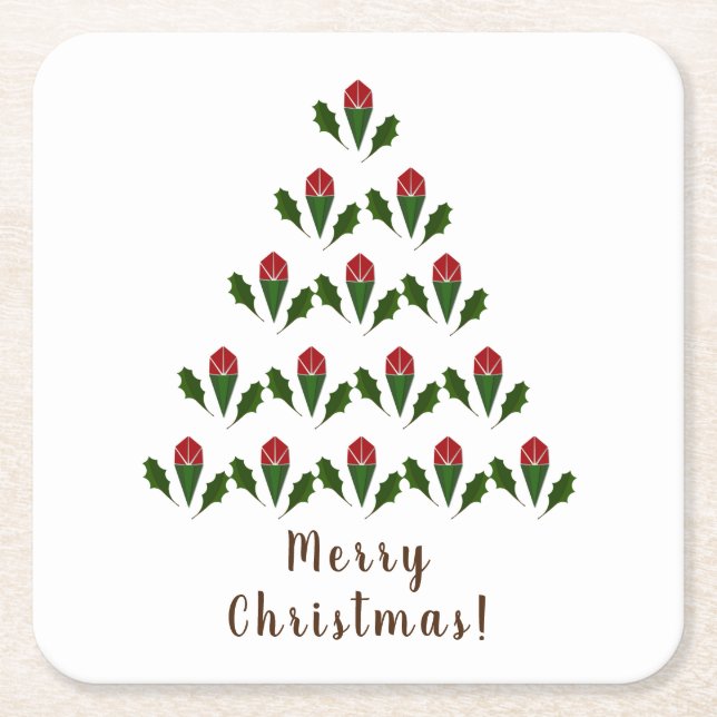 Posavasos Cuadrado De Papel Roses rojas vibrantes, árbol navideño holly y dese (Anverso)