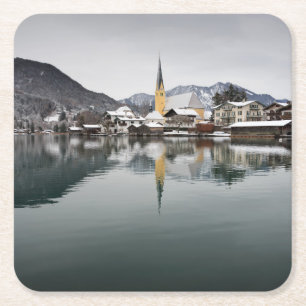 Posavasos Cuadrado De Papel Rottach-Egern en el Tegernsee, Baviera en invierno