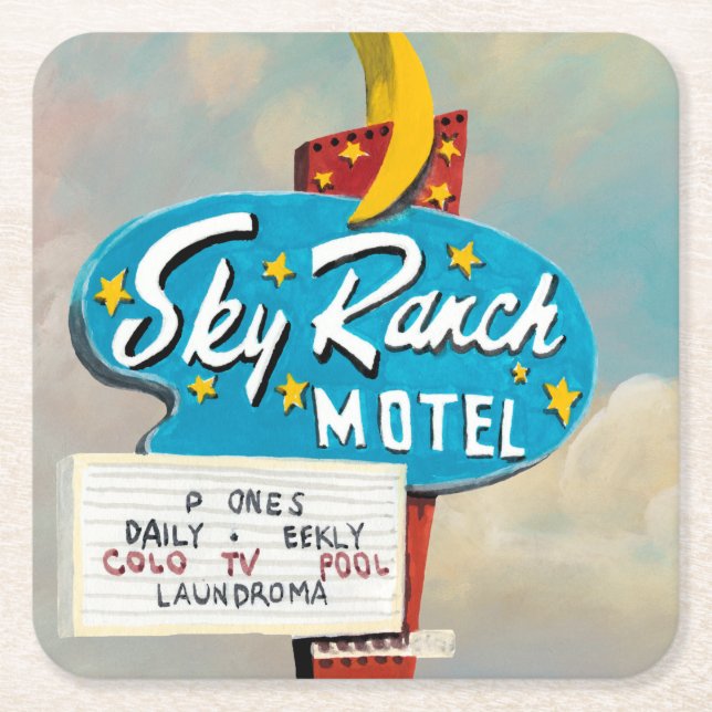 Posavasos Cuadrado De Papel Rótulo de Sky Ranch Motel (Anverso)