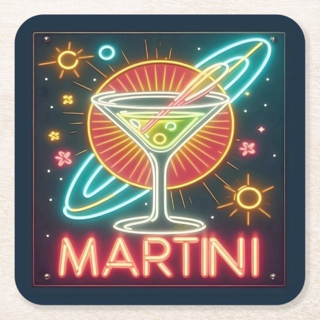 Posavasos Cuadrado De Papel Rótulo Neon Martini de Mid Century (Anverso)